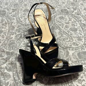 Jessica Simpson Black OJILLY 5" High Wedge Dress Square Open Toe Sandal